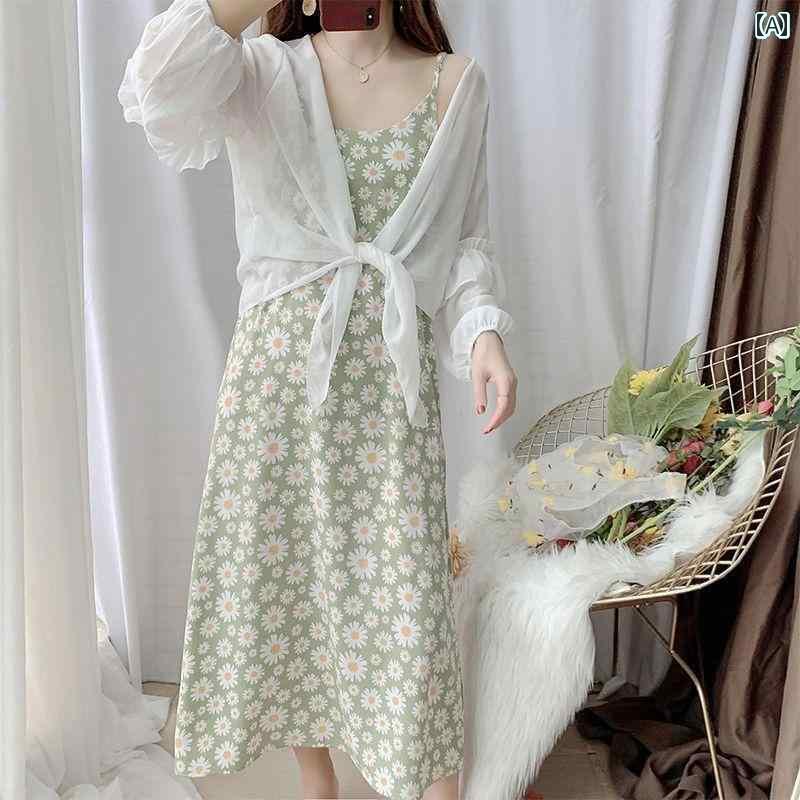 レディース　シャツ　カジュアル シングル / スーツ 春夏 日焼け防止 服 長袖 シフォンシャツ サスペンダー スカート 花柄 ワンピース レディース ツーピース