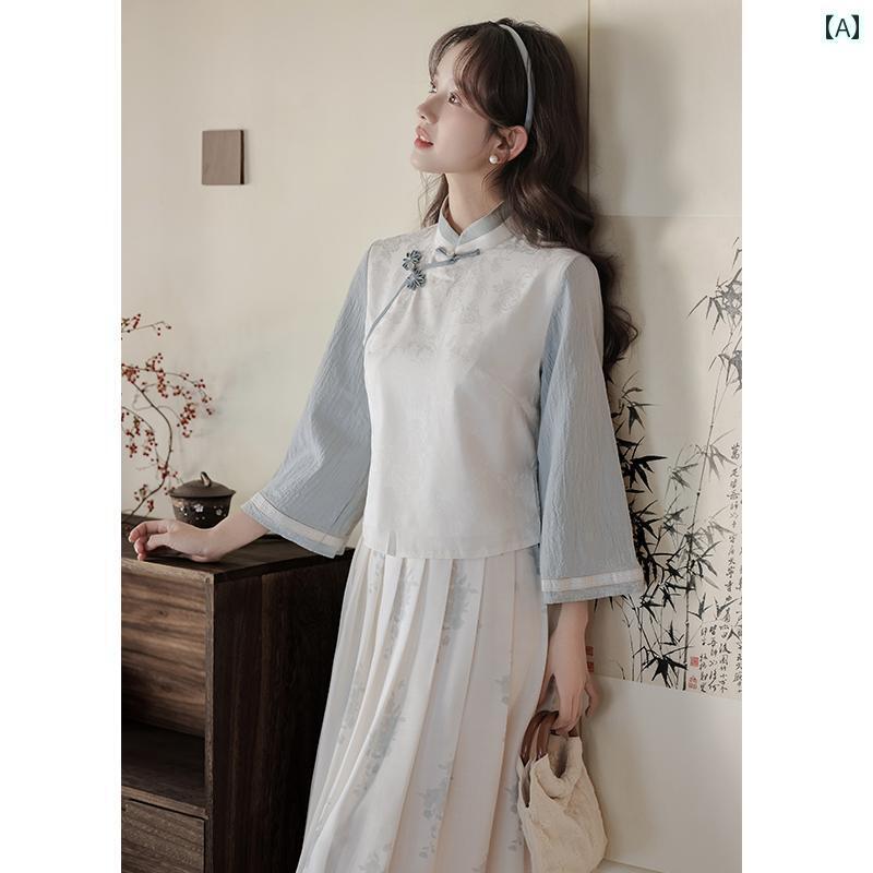 レディース　シャツ　カジュアル 森 ガール スイート 部族 2025 春 チャイナ風 漢服 スーツ スカート 女子 学生 少女 ツーピース