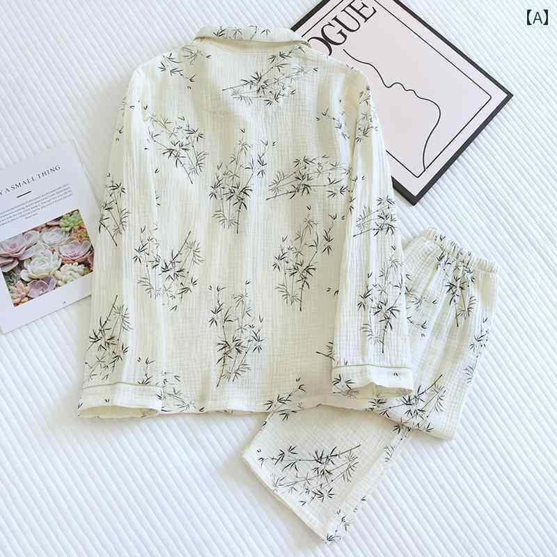 レディース シャツ カジュアル カップル ベビー コットンガーゼ パジャマ メンズ 春秋 長袖 ズボン ホーム 服 スーツ レディース ダブル クレープ 竹