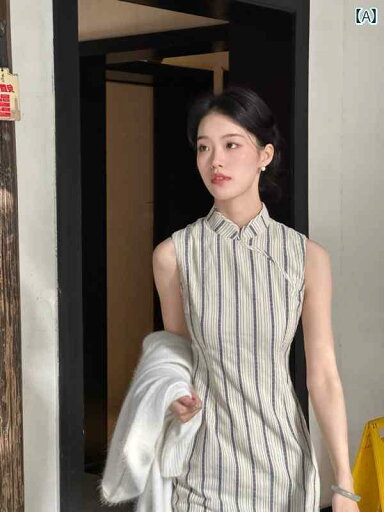 レディース シャツ カジュアル チャイナ風に チャイナ ドレスは 毎日 着用 できます。 2024年の 夏の 綿 リネンの ノースリーブドレス ストライプ ベスト ロング スカート レディース シャツ カジュアル チャイナ風に チャイナ ドレスは 毎日 着用 できます。 2024年の 夏の 綿 リネンの ノースリーブドレス ストライプ ベスト ロング スカート