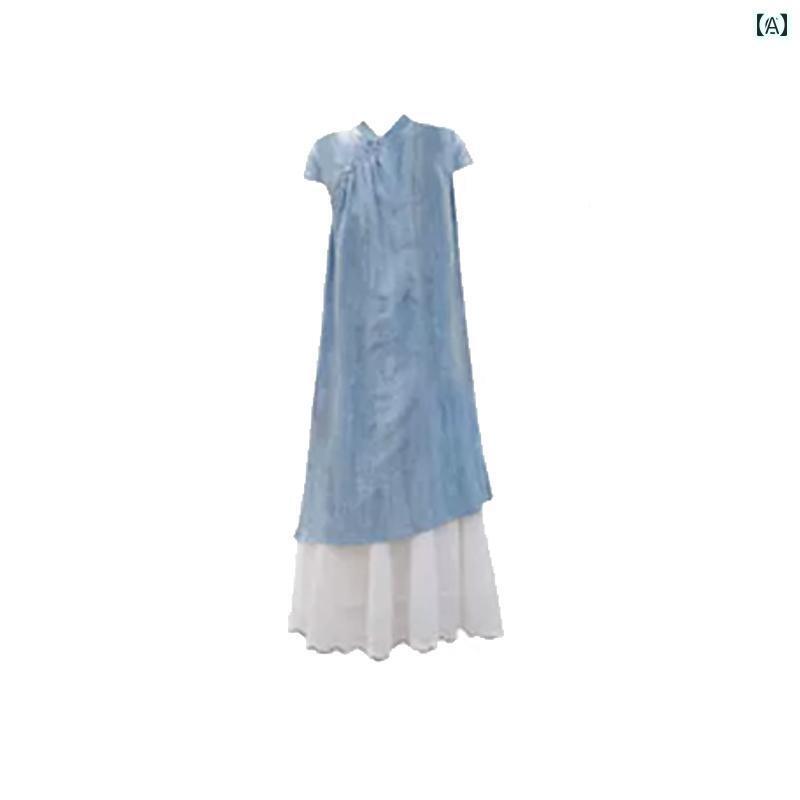 レディース　シャツ　カジュアル レディース チャイナ風 ブルー バックル フラッ グローブ ドレス 夏 ..