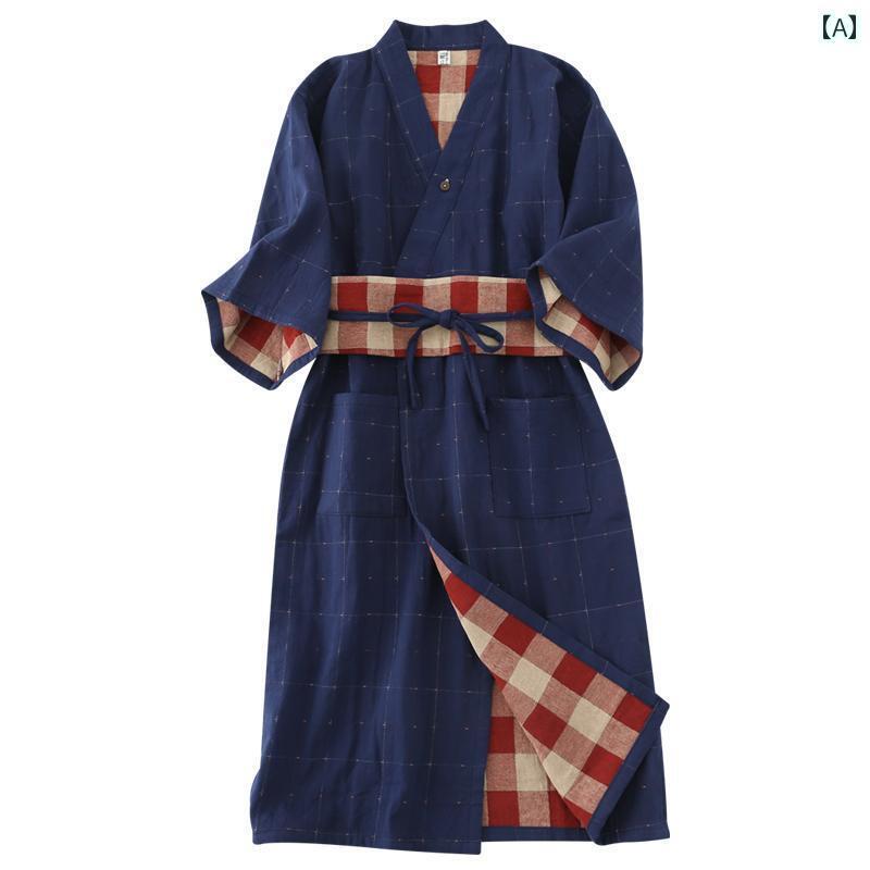 レディース　シャツ　カジュアル メンズ レディースの 中国 漢服 カップル パジャマ 綿 バスローブ チェック 柄 ホーム 服は 外出時に 着用 できる スーツ 二 重層