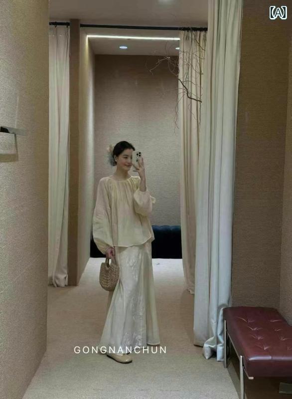 レディース　シャツ　カジュアル 夕焼けと 夕 風 チャイナ風 衣装 優しい 丸 首の ラミーの ゆったりした シャツ 刺繍の スカート ツーピースの スーツ