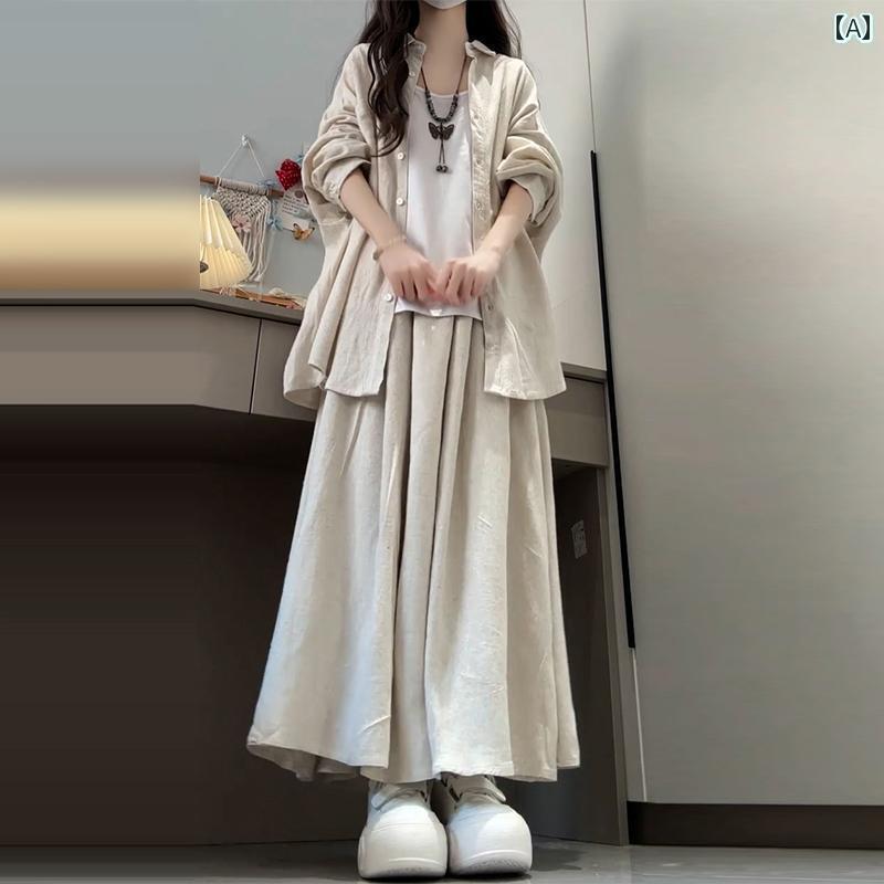 レディース　シャツ　カジュアル 2025 チャイナ風 カジュアル な シャツ ドレス レディース 春の 服の 完全な セット ロング スカート