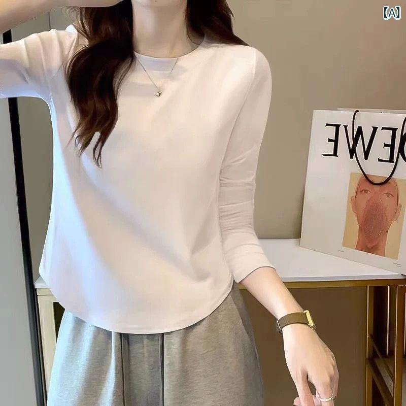 ストレート　生地　パンツ 春秋 女性用 スレッド コットン 長袖 Tシャツ カーブ レイヤリング シャツ トップ(4)