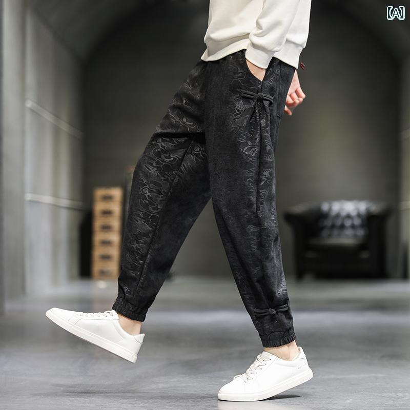 メンズ　アジアン　ファッション 男性用 唐装 プレート ボタン パンツ チャイナ風 エンボス フラワー ..