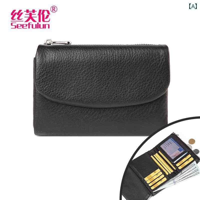 マネー　クリップ　財布 おしゃれな レザー ショート 折り 財布 フェミニンな ファスナー小銭入れ 1 層目 ソフト 牛革 三つ 小さい