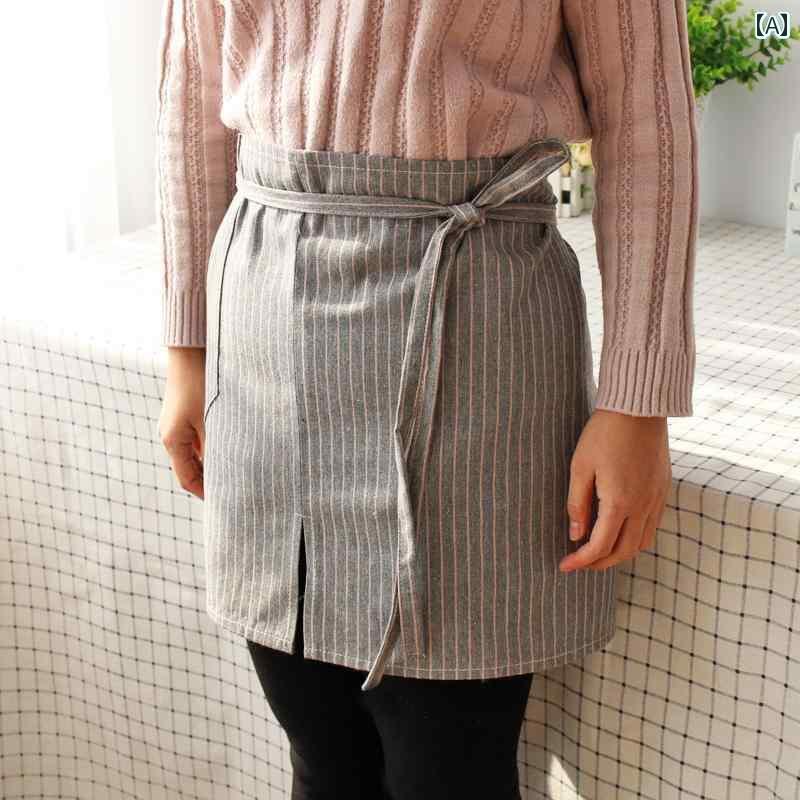 調理用　エプロン　料理 シェフ エプロン ハーフ レングス 男女兼用 レストラン キッチン カフェ 作業着 防汚 和風 ストライプ 綿 麻生 地