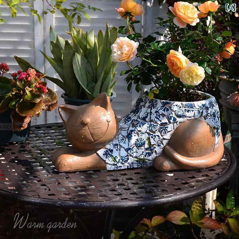 庭　装飾　飾り　 中庭の 創造的な 子猫の 形の 装飾品 青と 白の パターンの 植木鉢 バルコニーガーデ..