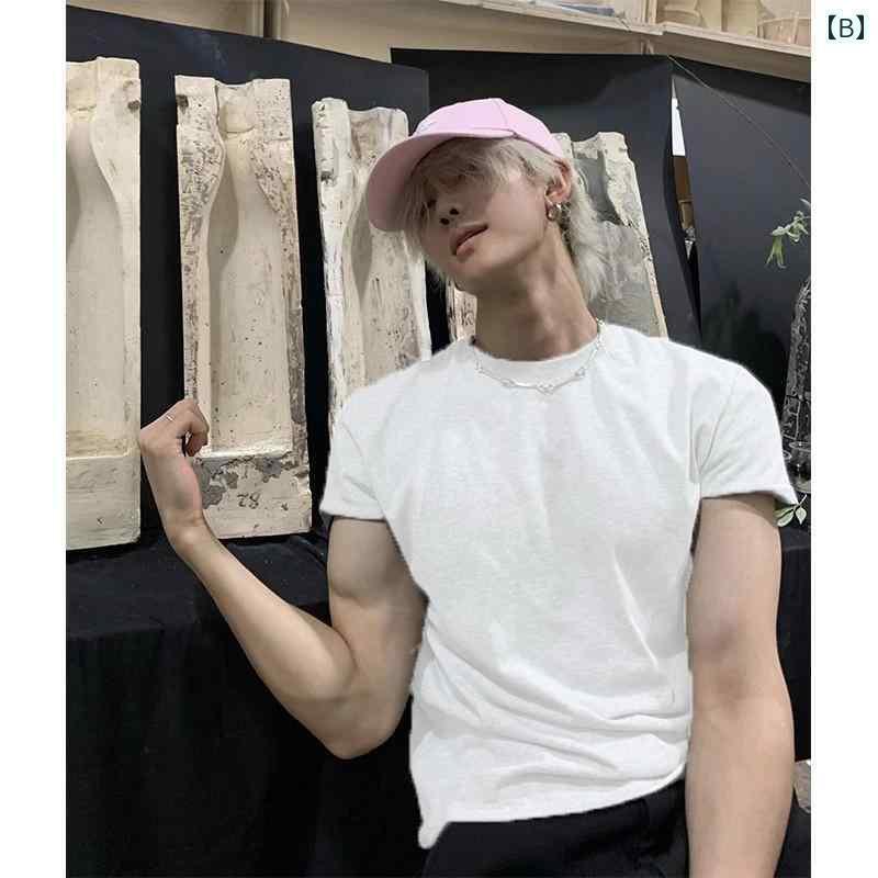 カップル　ユニセックス　ウェア グレーの クリーン フィット ボーイズ 半袖 夏 アメリカン 小さい 襟の ヘビーウェイト Tシャツ ストレート ショルダー 筋肉 フィットネス