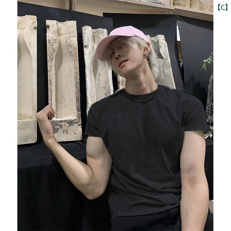 カップル　ユニセックス　ウェア グレーの クリーン フィット ボーイズ 半袖 夏 アメリカン 小さい 襟の ヘビーウェイト Tシャツ ストレート ショルダー 筋肉 フィットネス