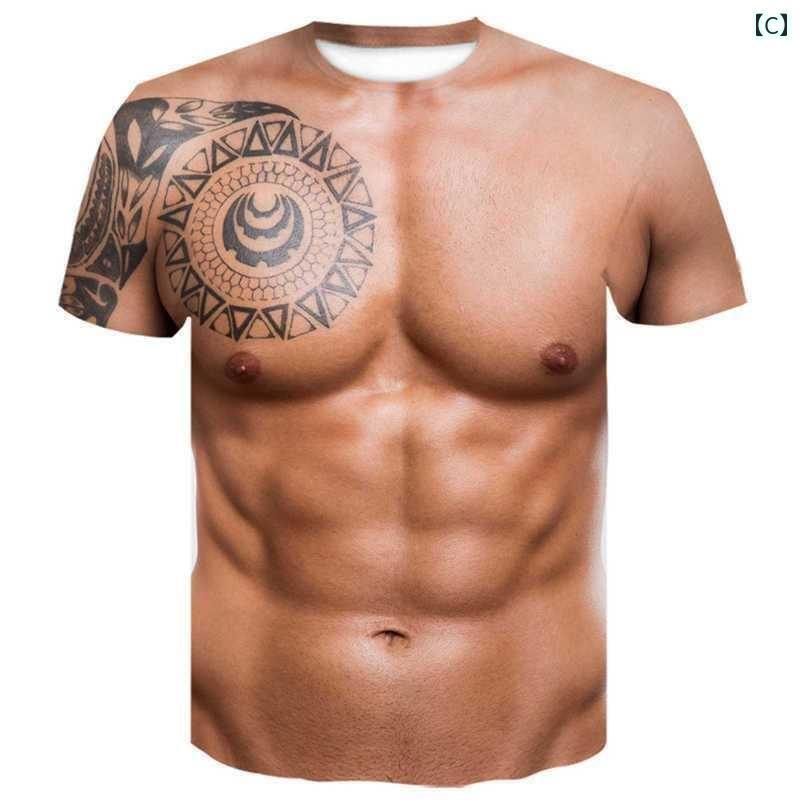 カップル　ユニセックス　ウェア 腹筋 服 8つの 創造的な おもしろ マッチョ 肉 奇妙な 半袖 Tシャツ 3 D 立体 パターン 個性 フェイク 胸 シャツ