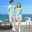 カップル ユニセックス ウェア カップルの 服装 2025 夏の 三 亜 旅行 休暇の 写真 撮影は ストライプの メンズ レディースの 半袖 カジュアル スー...