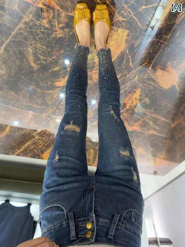 デニム　ジーンズ　レディース 大きめ サイズ 婦人服 2025 春 ハイウエスト ホット ラインストーン ホール ジーンズ 太い mm 洋 ナシ型 ボディ スリム 9 ポイント 小さい パンツ