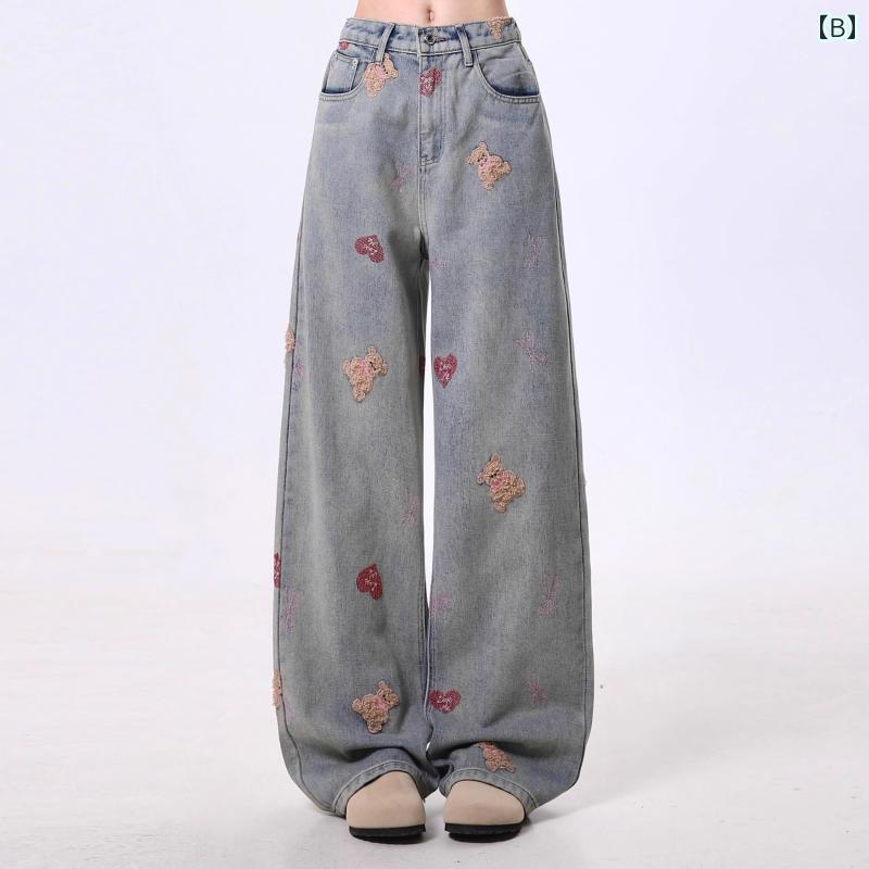デニム　ジーンズ　レディース Rayohopp ジーンズ レディース 春 アメリカン ストリート ウォッシュド ベア 刺繍 ホール ワイド レッグ パンツ
