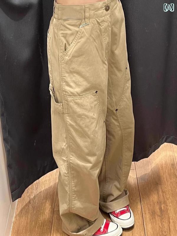 ワイド　レッグ　パンツ　レディース FUYAN カーキ カジュアル オーバー オール レディース 2025 春 アメリカン レトロ ワイド レッグ ストレート パンツ