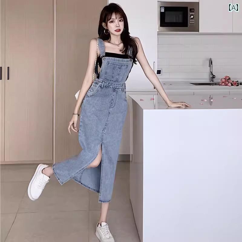 デニム　ワンピース　レディース レトロ デニムオーバーオール スカート 女性用 夏用 プチ ティーブレ..