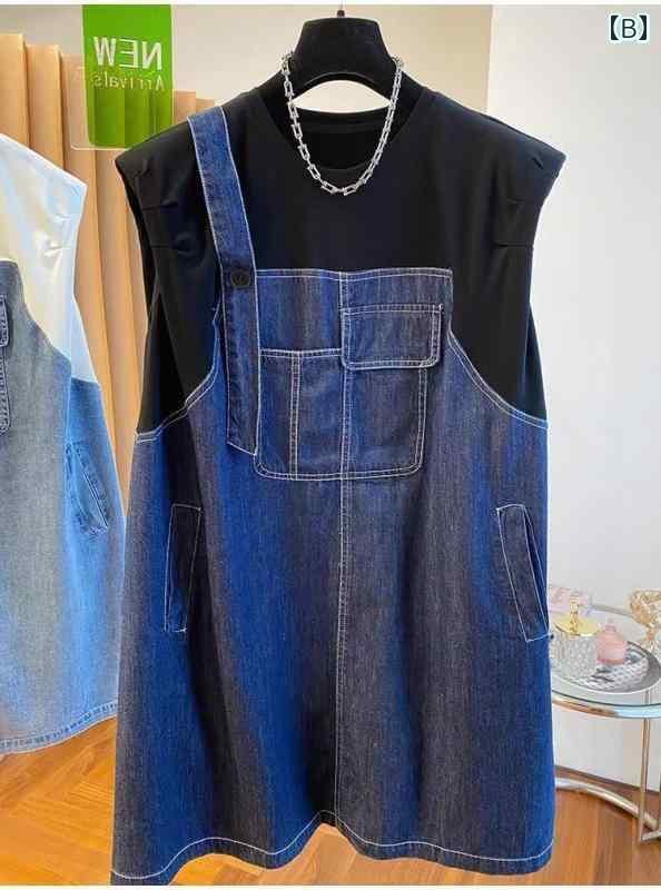デニム　ワンピース　レディース MM 300ポンド 特大 フェイク ツーピース デニム サスペンダー ドレス 女性 夏 ノースリーブ Tシャツ スプライシング カジュアル