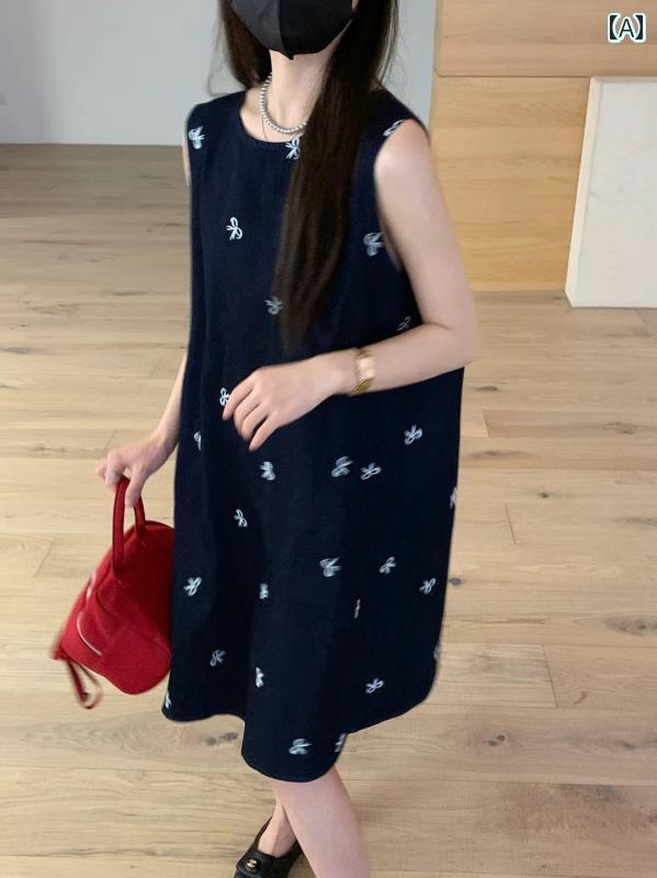 デニム　ワンピース　レディース 韓国 夏の 刺繍入り リボン ノースリーブ デニム ドレス ゆったり スリム 後ろに スリット入り