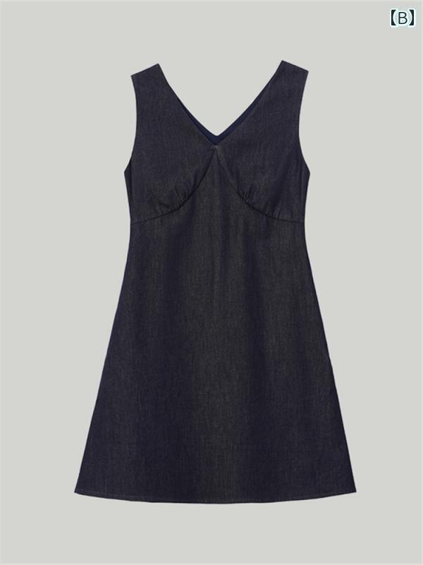 デニム　スカート　レディース ミス チェン 夏が 止まらないなら 花柄 Vネック デニム aライン ウエスト タイ ノースリーブベスト ドレス 女性