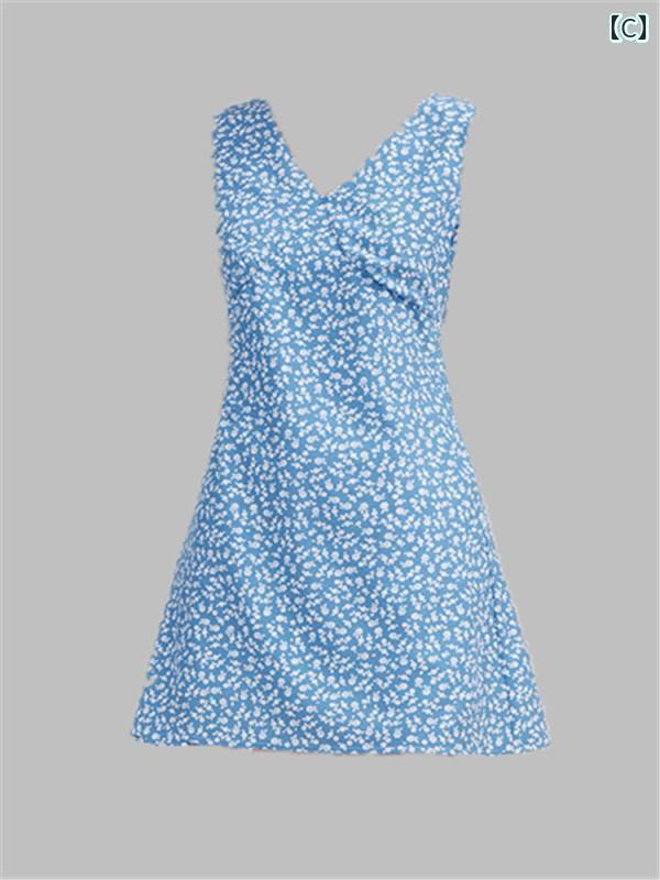 デニム　スカート　レディース ミス チェン 夏が 止まらないなら 花柄 Vネック デニム aライン ウエスト タイ ノースリーブベスト ドレス 女性