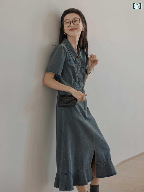 デニム　スカート　レディース デニム カジュアル ドレス 女性 2024 夏 レトロ スタイル ウエスト スリミング 小さい フィッシュ テール スカート