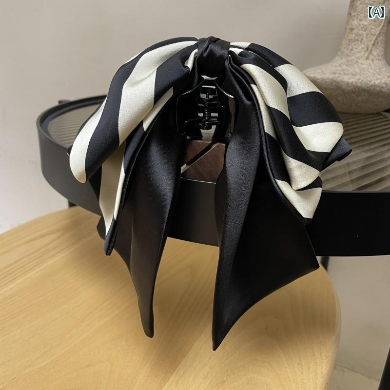 アクセサリー シュシュ ピン 韓国 高級 ファッション ハイ ポニーテール ジェントル クリップ 女性 フレンチ ブラックと ホワイトストライプ ボウ リボン ヘア
