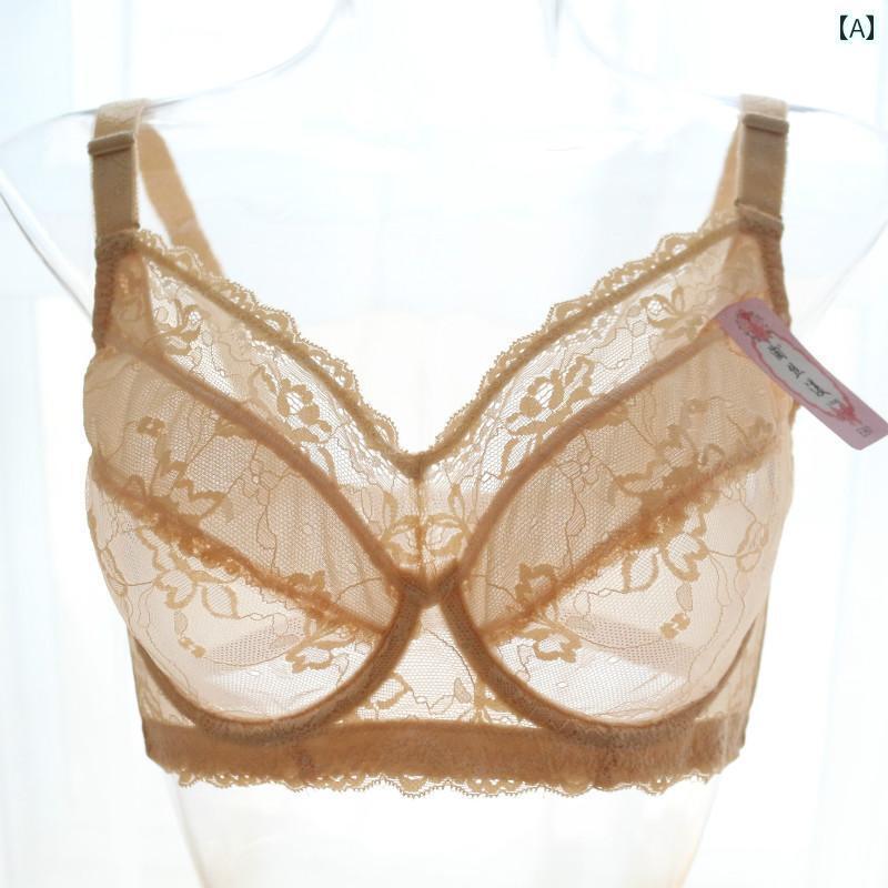 ブラ　レース　下着 ブラジャー セクシー レース 透明 レディース 薄型 メッシュ 単層 フル カップ 大..