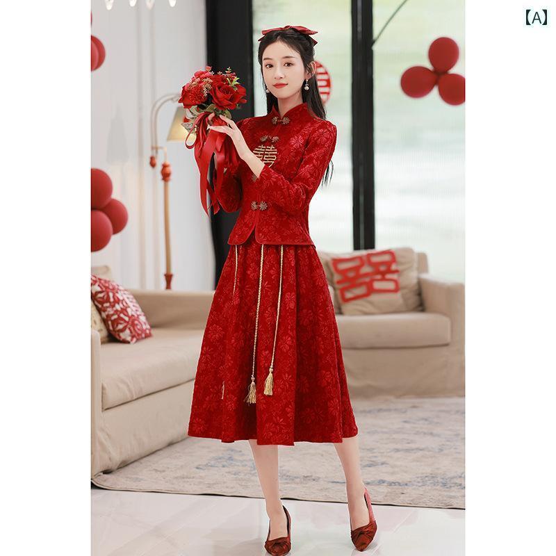 赤いドレス　レディース チャイナ風 花嫁の トースト ドレス 夏の ワイン レッド シンプル 長袖の 帰郷の 毎日の 秀和