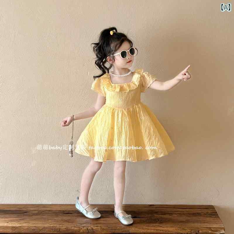 子供服　カジュアル　かわいい 女の子用 レトロ イエロー 刺繍 ドレス 2025夏 スイート ウッド 耳 レー..
