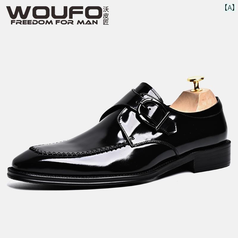 ビジネス 革靴 シューズメンズ WOUFO レザー メーカー 革 光沢の ある バックル モンク シューズ 英国 ..