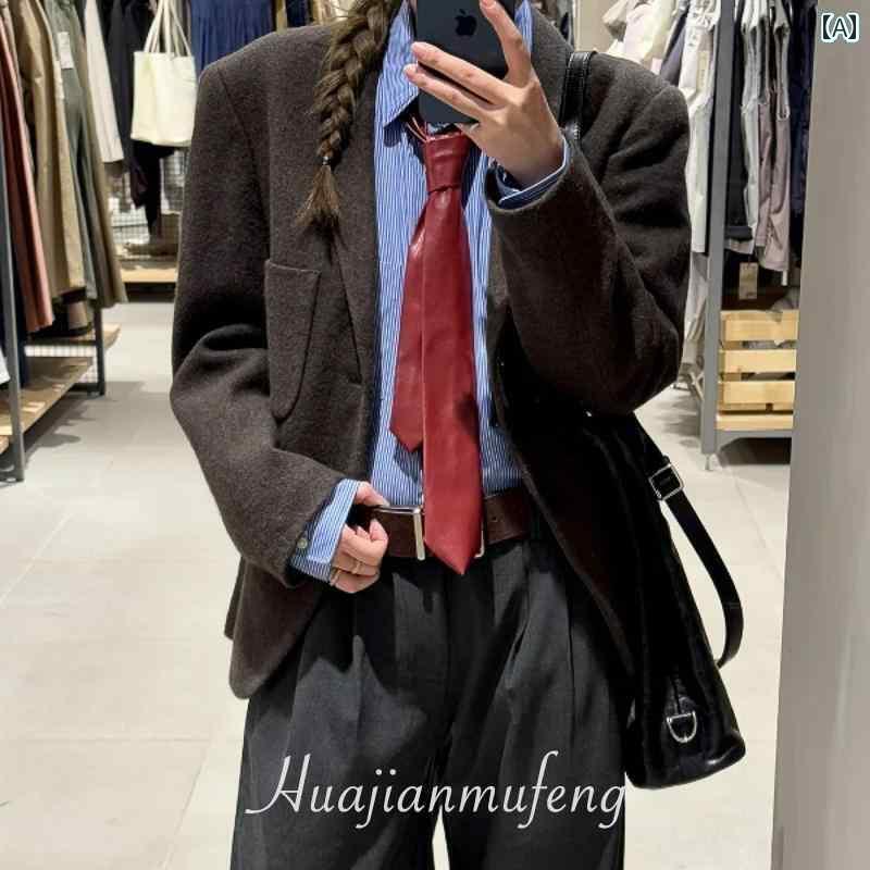 ネクタイ ビジネス 男性用 アメリカン レトロ ワイン レッド PU レザー ネクタイ 無地 ナロー 個性な ネック アクセサリー