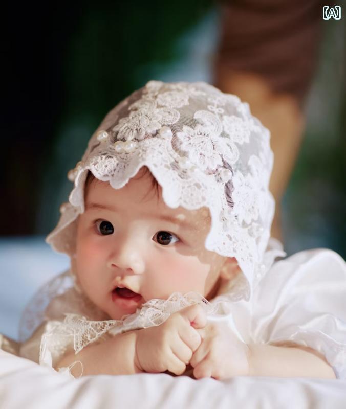 赤ちゃん用　帽子　かわいい 手縫い パール レース プリンセス 帽子 ベビー サンハット 夏 薄型 エアコ..