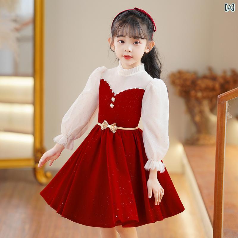 子供用　ドレス　ワンピース 女の子 プリンセス ドレス 秋冬服 小さい 裏起毛 春秋 スタイル 新年 赤い 春服 子供用 スカート