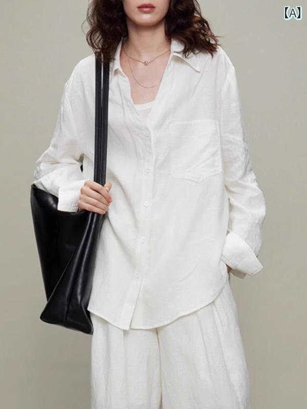 シャツ ワンピース フランスの 白い リネンシャツ レディース 夏 薄手 ゆったり オールド マネー スタイル ウェア 高級 コットンリネン シャツ 日焼け防止 トップ