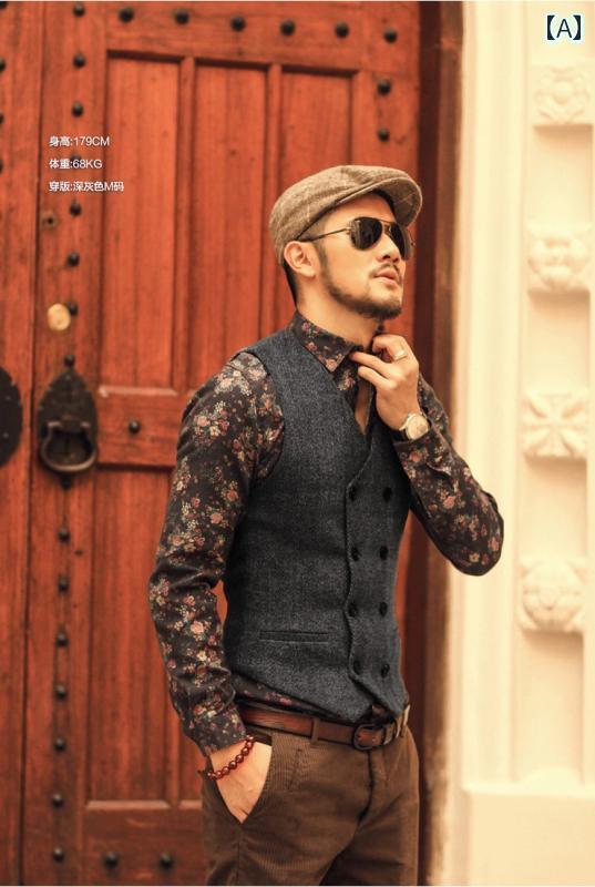 スーツ　ベスト　メンズ 秋 メンズ 英国 レトロ スタイル スリム ヘリンボーン ウール ベスト カジュアル ダブルブレスト スーツ