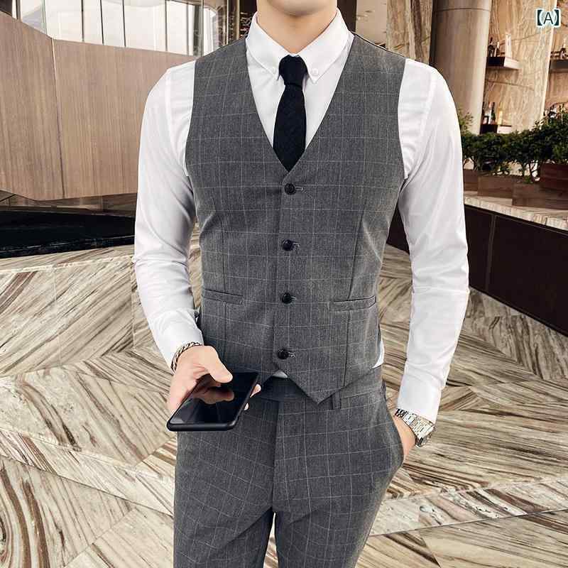 スーツ　ベスト　メンズ 春秋 メンズ チェック 柄 スーツ ベスト 韓国 スタイル スリム ビジネス ファッション(4)