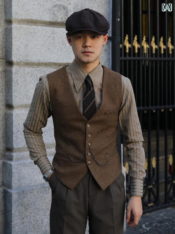 スーツ　ベスト　メンズ レトロ 英国 ヤッピー ブラウン シングルブレスト ウール ツイード ヘリンボーン パターン カジュアル スリム ウェディング スーツ ベスト