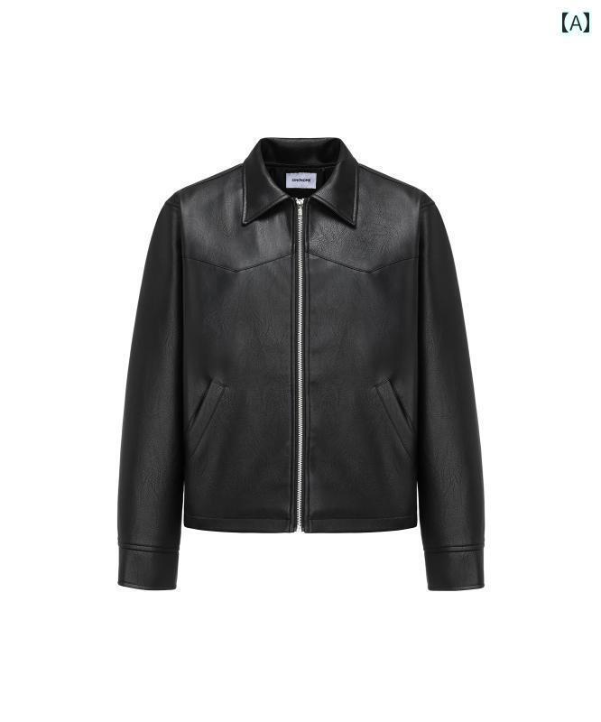 レザー　ジャケット　おしゃれ SINONOME 24 fw 人工 ラムスキン テクスチャ PU ショート ブラック＆ グレー ジャケット レザーコート クリーン フィット