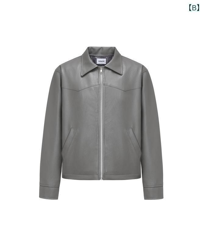 レザー　ジャケット　おしゃれ SINONOME 24 fw 人工 ラムスキン テクスチャ PU ショート ブラック＆ グレー ジャケット レザーコート クリーン フィット