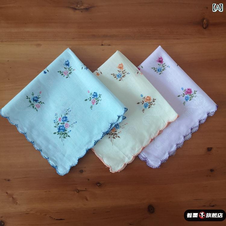 ハンカチ　ハンドタオル ハンカチ 小さい 正方形の タオル レディー スキャリー 綿 3 花の 三日月形の 縁 子供用 汗 拭き 高齢者 古風
