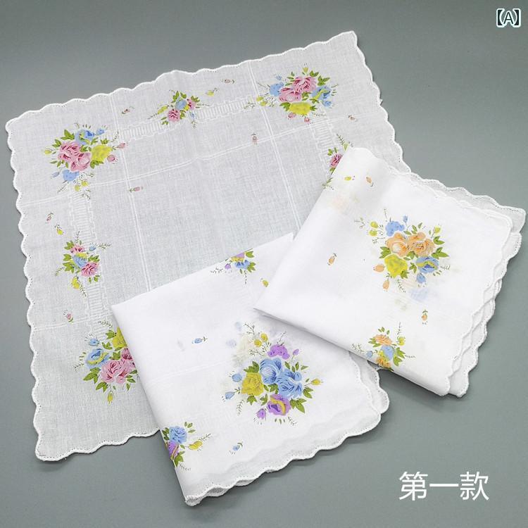 ハンカチ　ハンドタオル 昔ながらの さわやか 小さい 花柄 ハンカチ 三日月 縁 高齢者 綿 レディース 子供 プリント