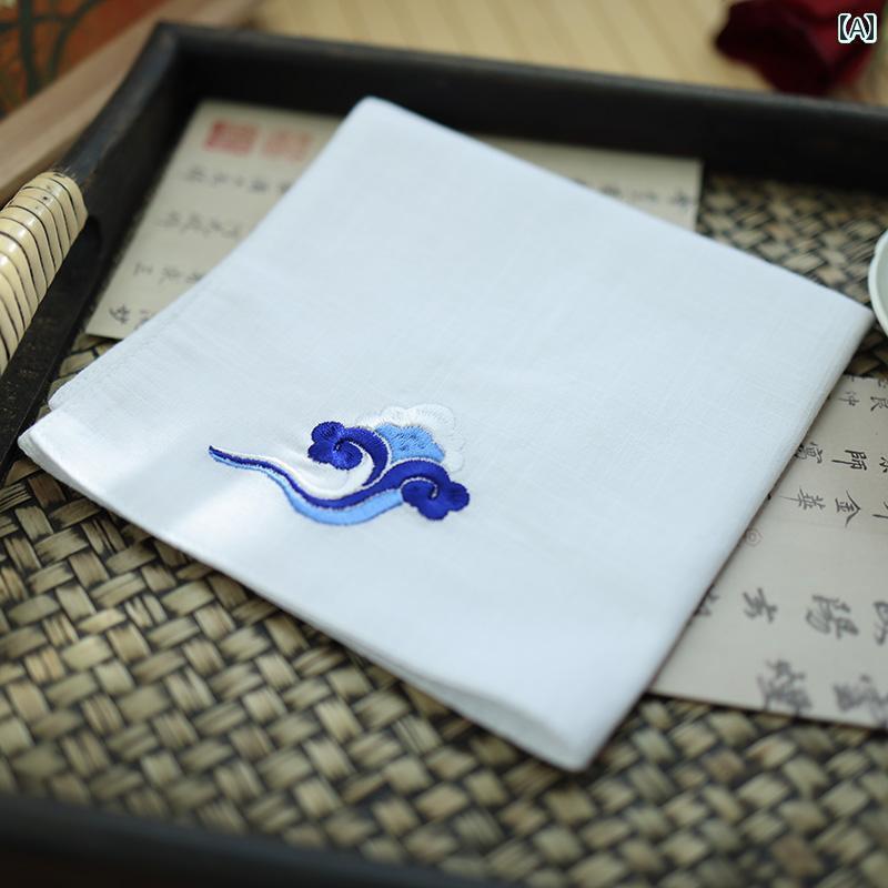 ハンカチ　ハンドタオル 綿の 男性用 小さい 正方形 ハンカチ 雲の 刺繍 レトロ スタイル 女性用 携帯用 吸汗性 伝統的な 縁起の 良い 雲 柄
