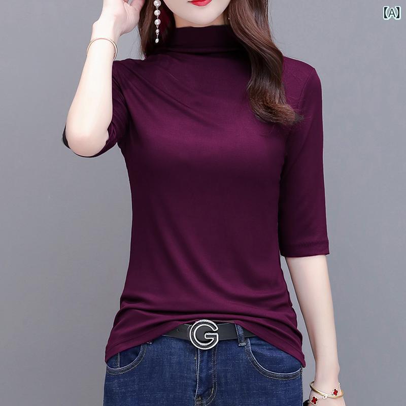 レディース ハイネック タートルネック 春夏 ハーフ タートルネック 大きいサイズ Tシャツ レディース ..