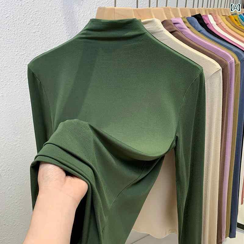 レディース ハイネック タートルネック モダール ソフト ワックス シャツ 女性用 ハーフ タートルネッ..