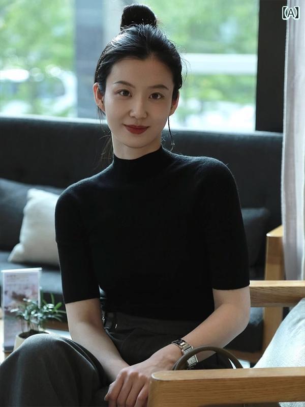 レディース ハイネック タートルネック フレンチ ブラックの 薄手 ハーフ ハイネック シャツ ストレー..