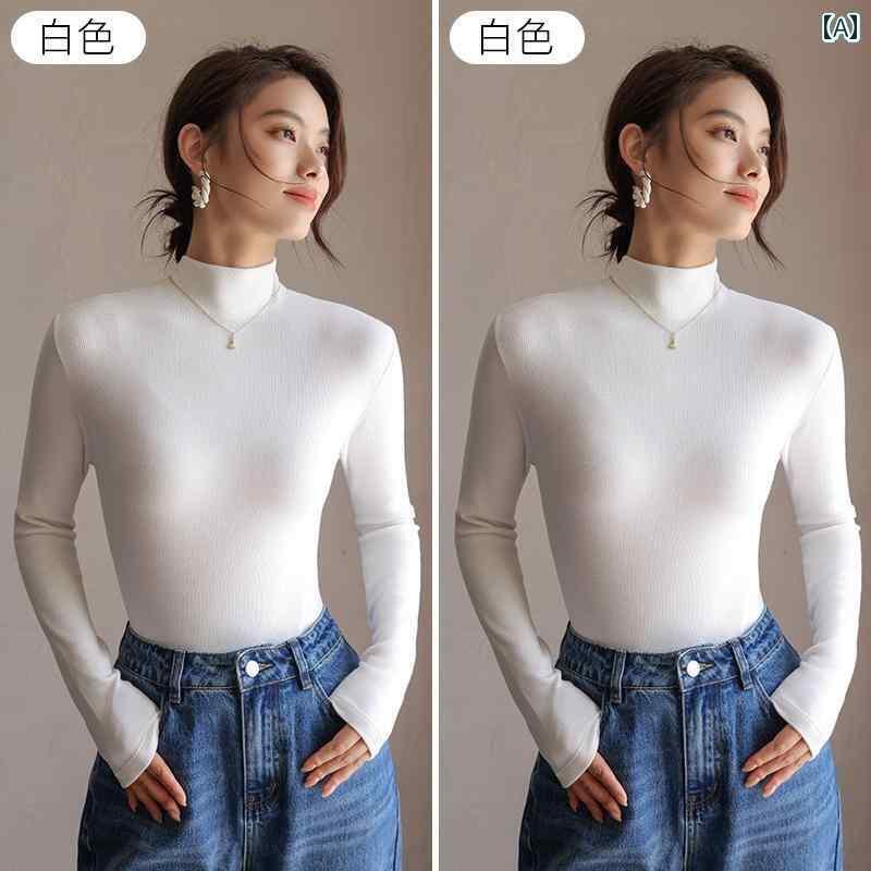 レディース ハイネック タートルネック 女性用 ハーフ タートルネック レイヤリング シャツ 2025年 裏起毛 厚手 秋冬 ドイツ ベルベット ブラック インナー 長袖 トップス ニット セーター