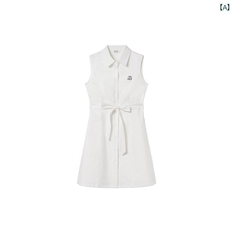 シャツ ワンピース Hello Canon フレンチ 刺繍 ノースリーブシャツ ドレス レディース 夏 ウエスト スリミング aライン ショート スカート(4)