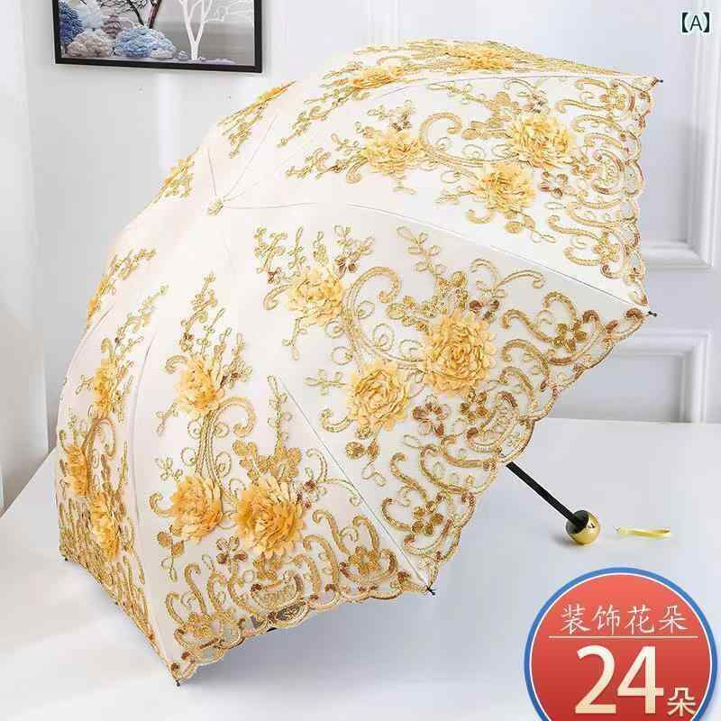 折り畳み式　傘 女性用 刺繍入り 日傘 高級 サンシェード 傘 日焼け防止 UV カット 二 重 レース 折りたたみ 黒 糊 刺繍