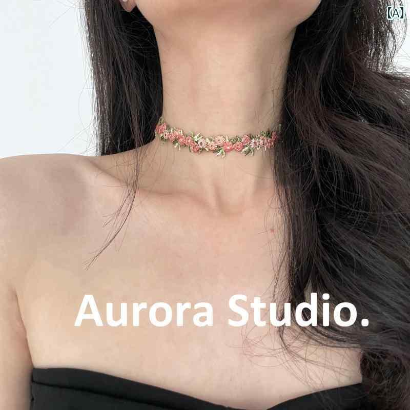 ネック ストラップ アクセサリー 立体 刺繍 フラワーチョーカー ローズ マナー 鎖骨 チェーン シンプル..